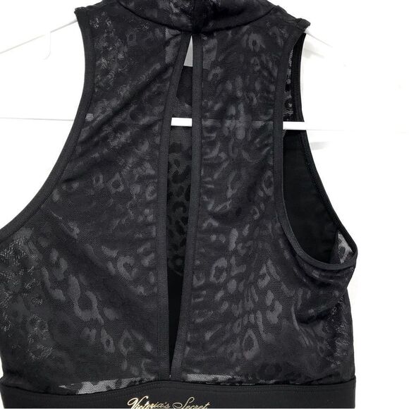 Victoria’s Secret Black / Leopard Print Mesh Panel Mock Neck Crop Top - Picture 9 of 14